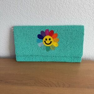 NWT Boutique Teal Smiley Flower Rainbow Seed Bead Clutch Crossbody Bag